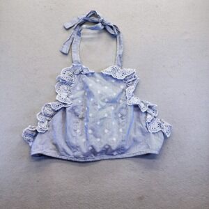HM Blue White Striped Eyelet Ruffle Halter Crop Top Size 6 Cottagecore Summer